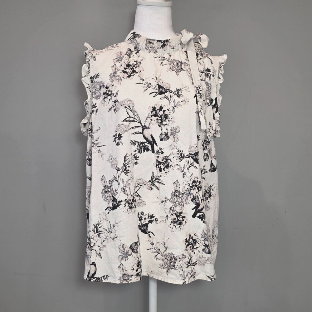 WhoWhatWear Sleeveless Linen Blouse LG Floral Ruffle Boho Cottage Fairy
